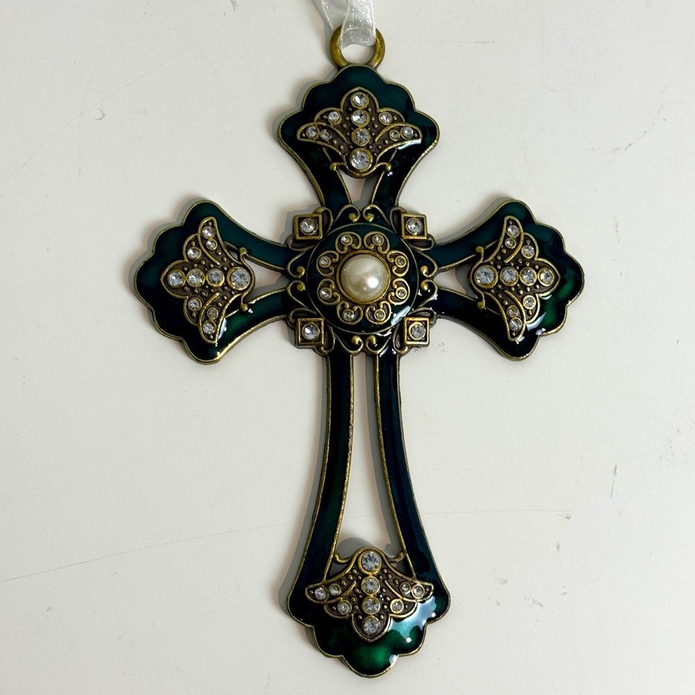 Kirklands 6” Green Enamel Bejeweled Cross Ornament IOB